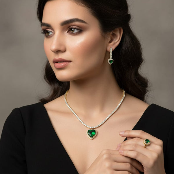 Green Heart Pendant Necklace with Matching Earrings and Ring