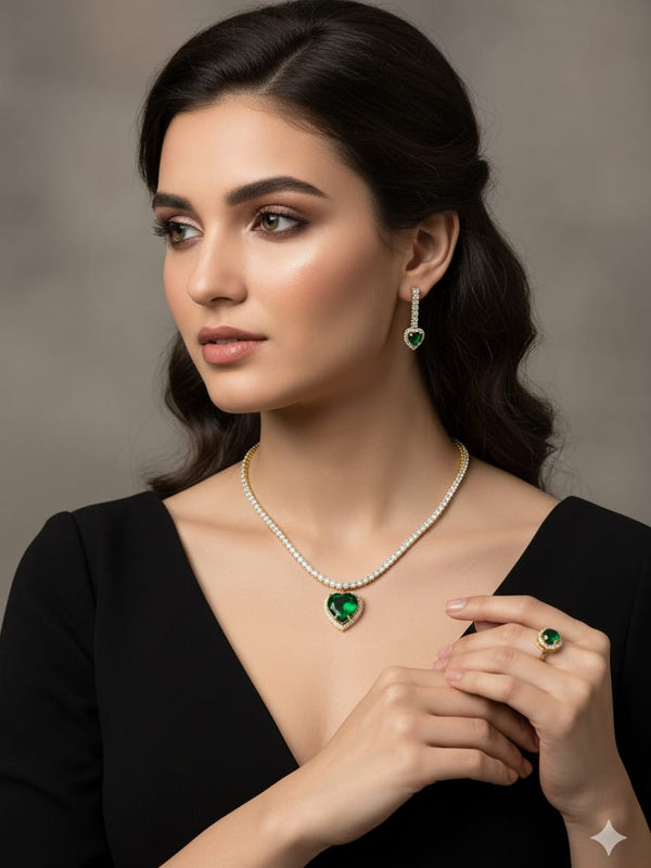 Green Heart Pendant Necklace with Matching Earrings and Ring