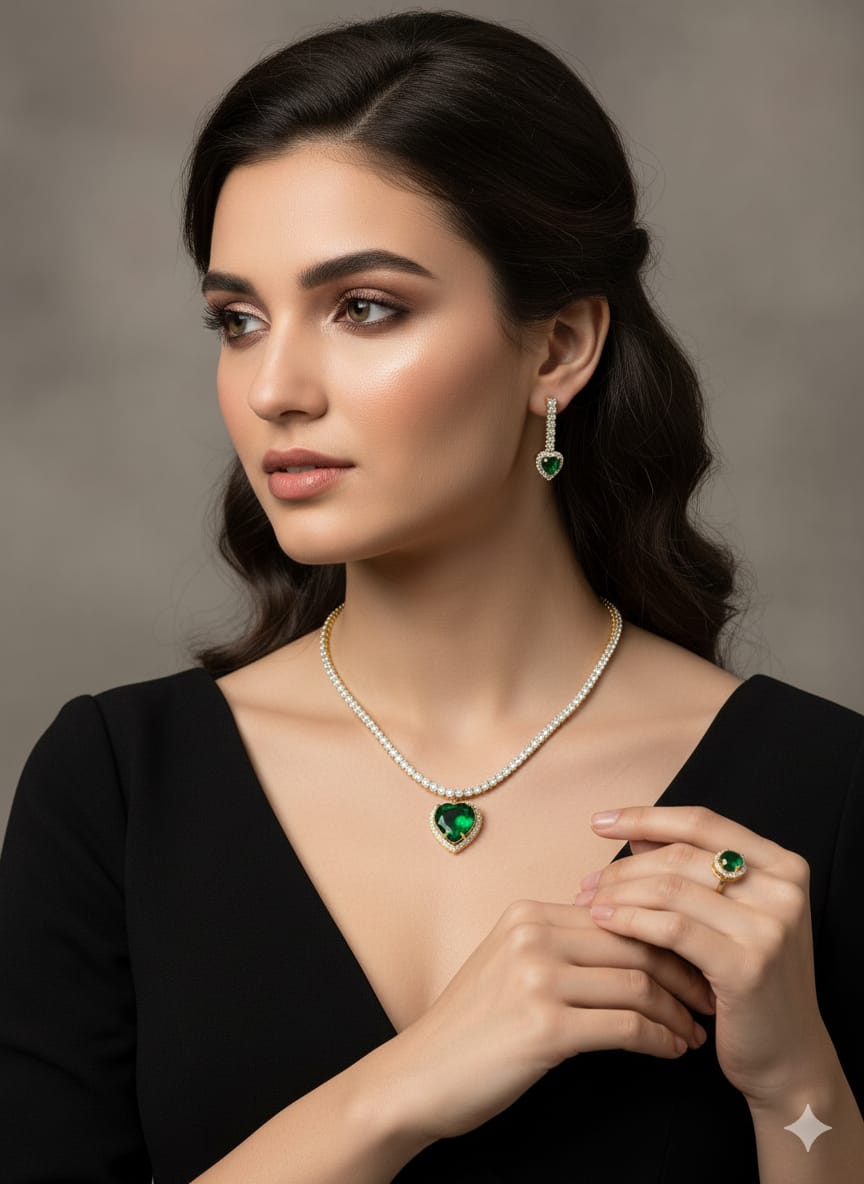 Green Heart Pendant Necklace with Matching Earrings and Ring