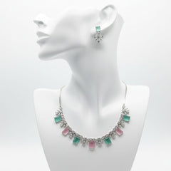 Classic Pattern / CZ Jewellery Set With Earrings / Pink and Mint Colour With Earrings