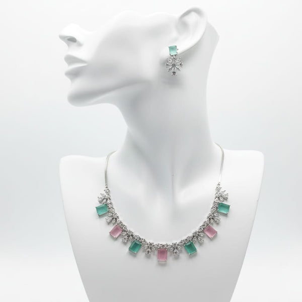 Classic Pattern / CZ Jewellery Set With Earrings / Pink and Mint Colour With Earrings