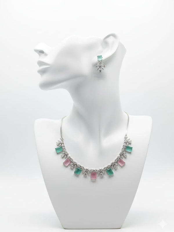 Classic Pattern / CZ Jewellery Set With Earrings / Pink and Mint Colour With Earrings