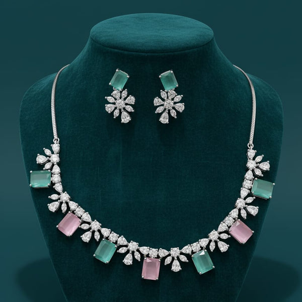 Classic Pattern / CZ Jewellery Set With Earrings / Pink and Mint Colour With Earrings