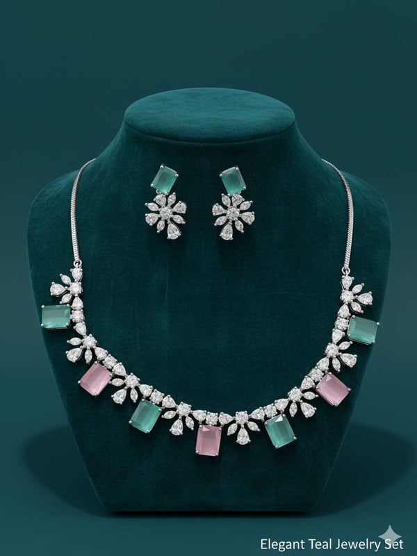 Classic Pattern / CZ Jewellery Set With Earrings / Pink and Mint Colour With Earrings