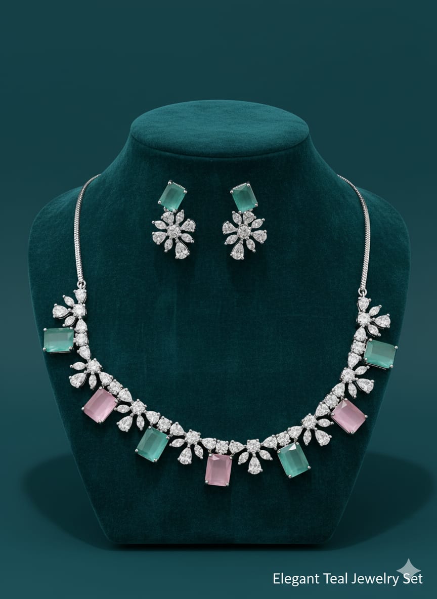 Classic Pattern / CZ Jewellery Set With Earrings / Pink and Mint Colour With Earrings