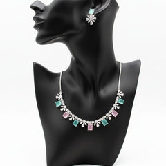 Classic Pattern / CZ Jewellery Set With Earrings / Pink and Mint Colour With Earrings