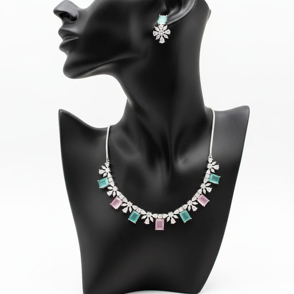 Classic Pattern / CZ Jewellery Set With Earrings / Pink and Mint Colour With Earrings