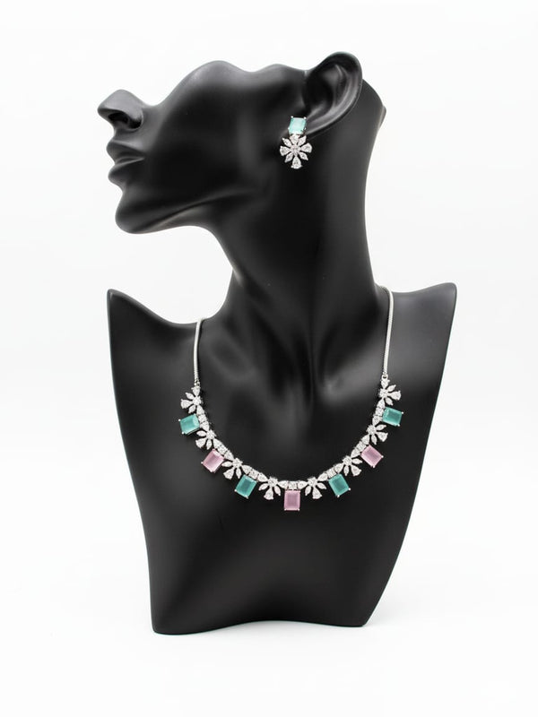 Classic Pattern / CZ Jewellery Set With Earrings / Pink and Mint Colour With Earrings