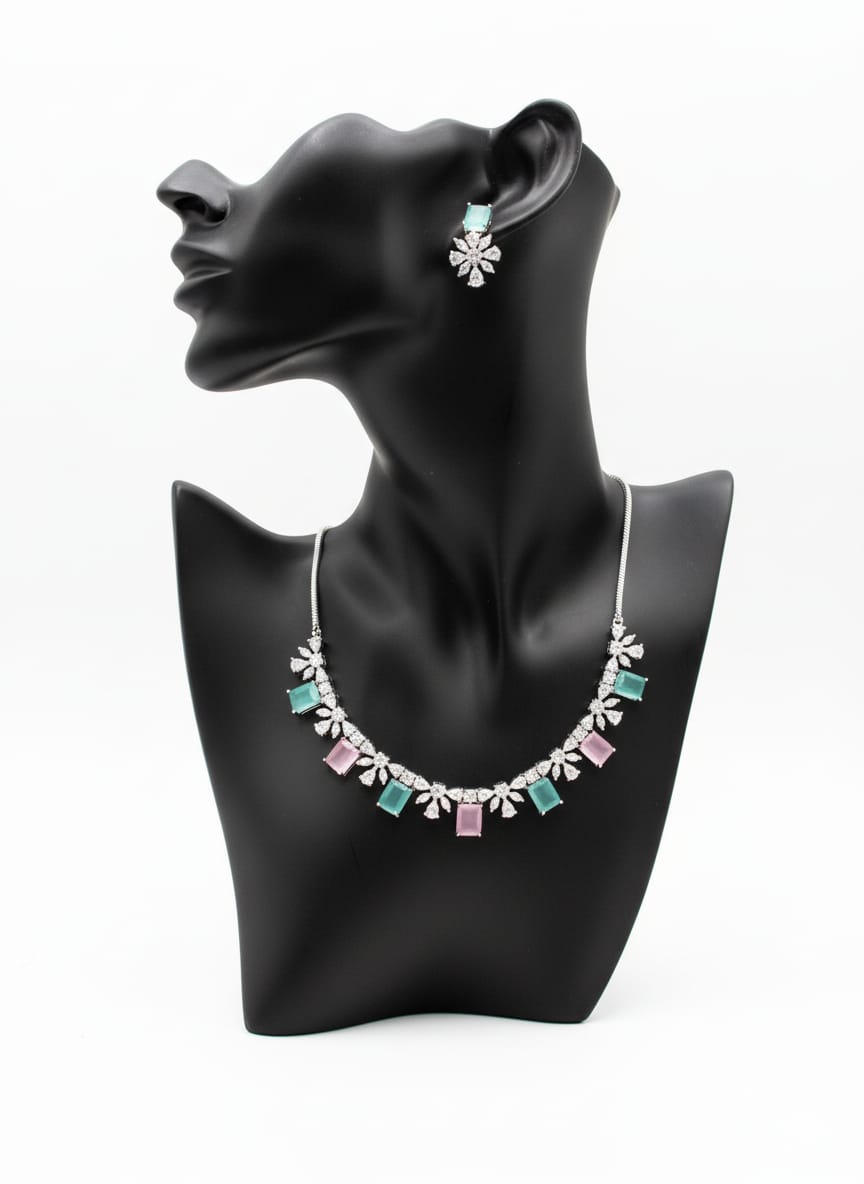 Classic Pattern / CZ Jewellery Set With Earrings / Pink and Mint Colour With Earrings