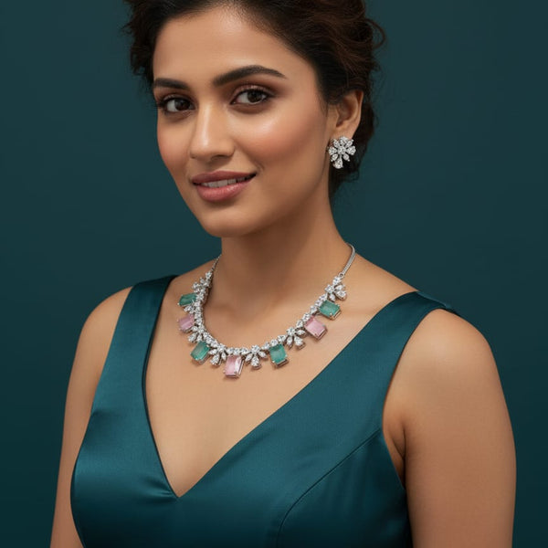 Classic Pattern / CZ Jewellery Set With Earrings / Pink and Mint Colour With Earrings