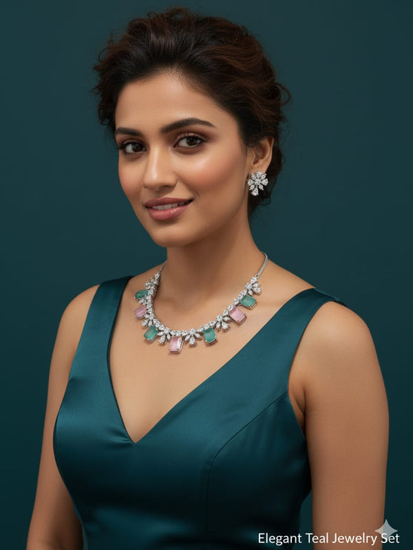 Classic Pattern / CZ Jewellery Set With Earrings / Pink and Mint Colour With Earrings