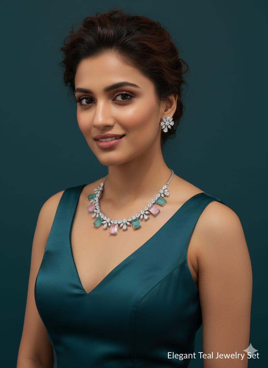 Classic Pattern / CZ Jewellery Set With Earrings / Pink and Mint Colour With Earrings