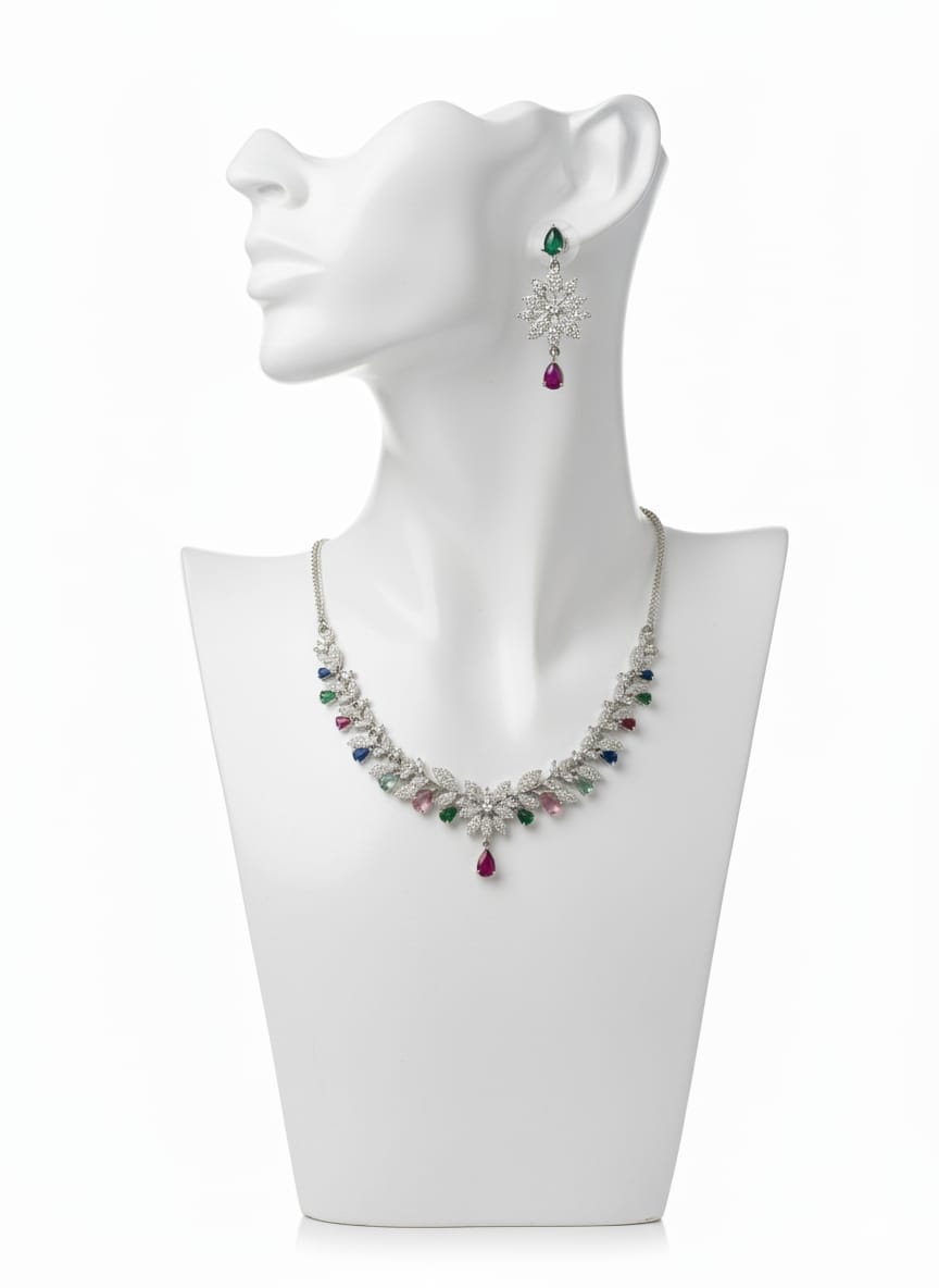 Ringing Jewels "AD" Necklace Set Premium Quality With Earrings - Multi Colour