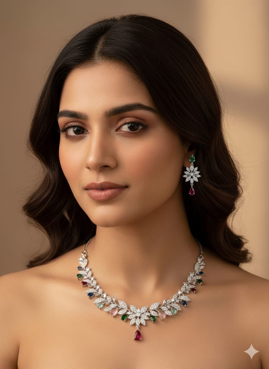 Ringing Jewels "AD" Necklace Set Premium Quality With Earrings - Multi Colour