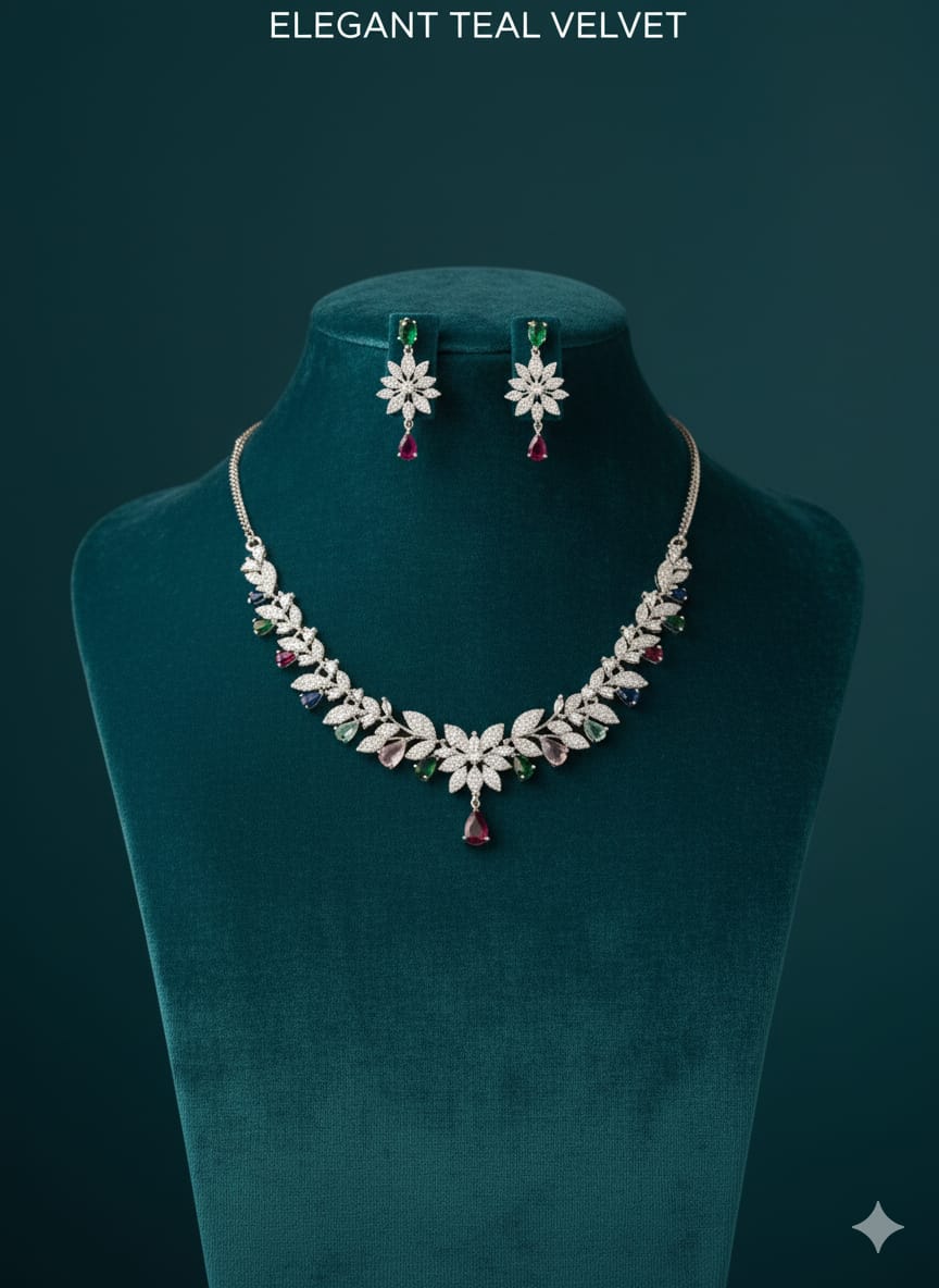 Ringing Jewels "AD" Necklace Set Premium Quality With Earrings - Multi Colour