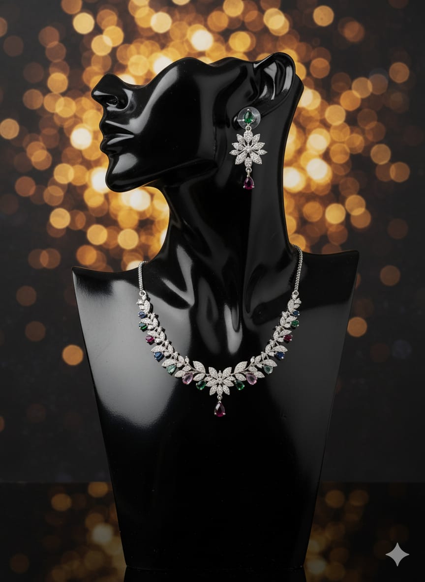 Ringing Jewels "AD" Necklace Set Premium Quality With Earrings - Multi Colour