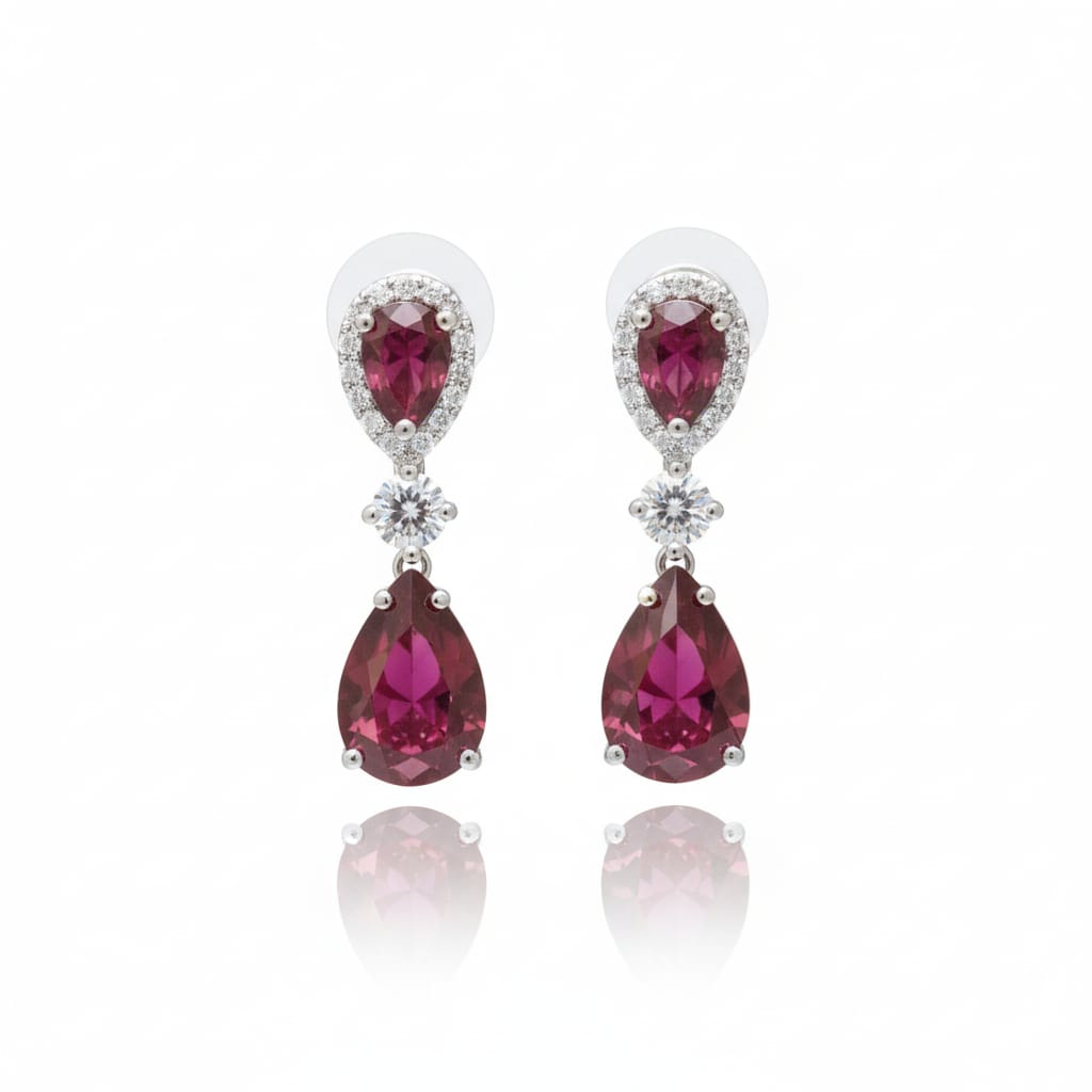 Ringing Jewels Ruby Red with White Stones Single Layer "AD" Necklace Set For Women With Earrings