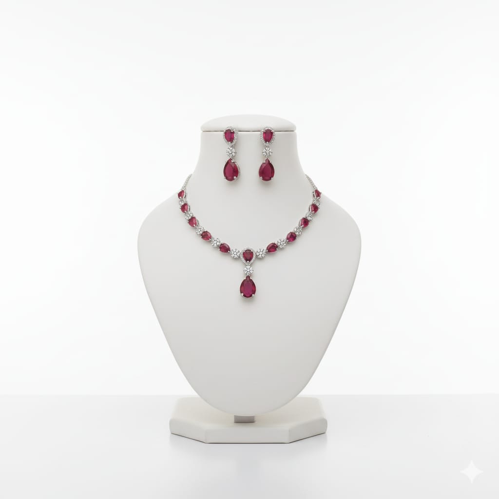 Ringing Jewels Ruby Red with White Stones Single Layer "AD" Necklace Set For Women With Earrings