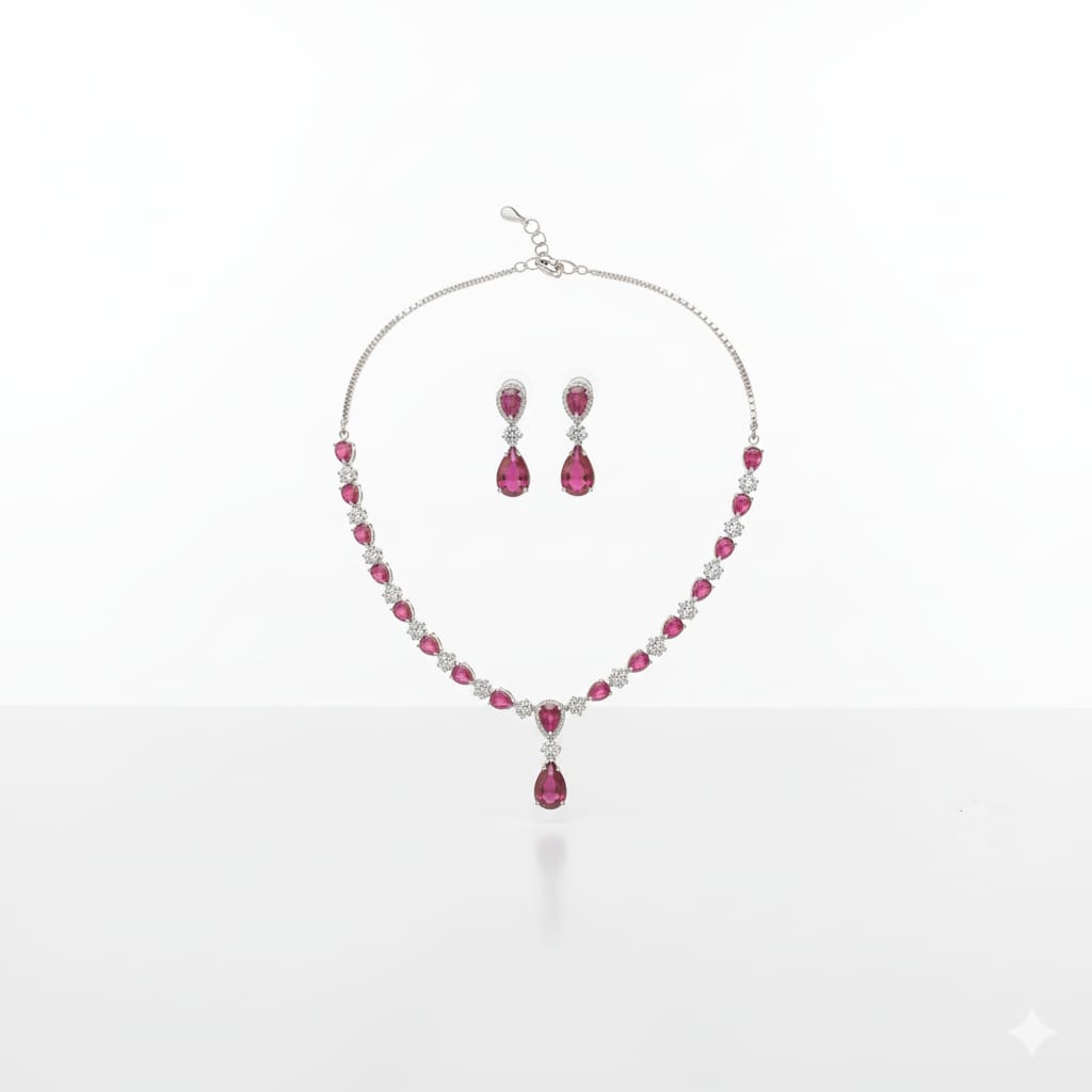 Ringing Jewels Ruby Red with White Stones Single Layer "AD" Necklace Set For Women With Earrings