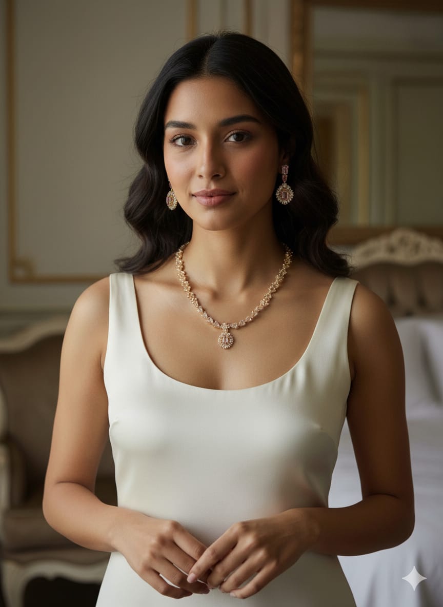 Ringing Jewels Golden Colour with Pink Stones Single Layer "AD" Necklace Set With Earrings