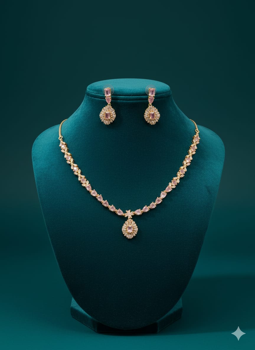 Ringing Jewels Golden Colour with Pink Stones Single Layer "AD" Necklace Set With Earrings