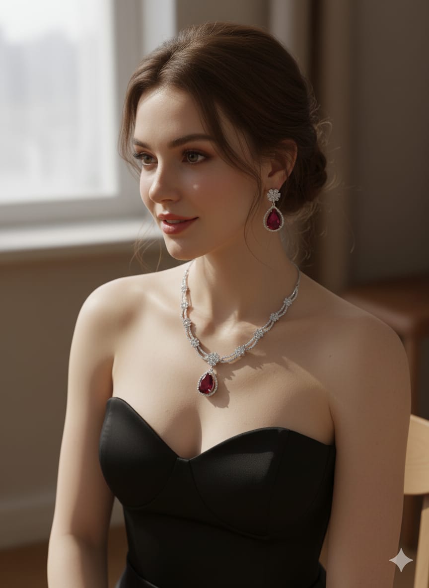 Ringing Jewels White Colour with Green Bold Stone Double Layer "AD" Necklace Set With Earrings