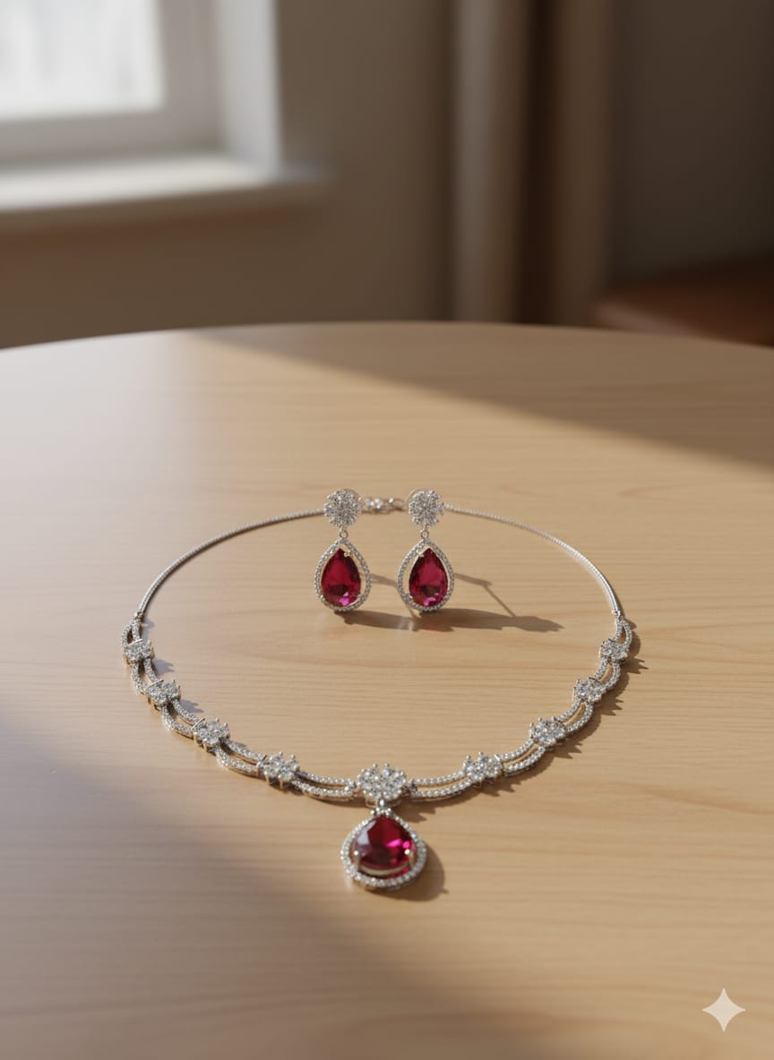 Ringing Jewels White Colour with Green Bold Stone Double Layer "AD" Necklace Set With Earrings