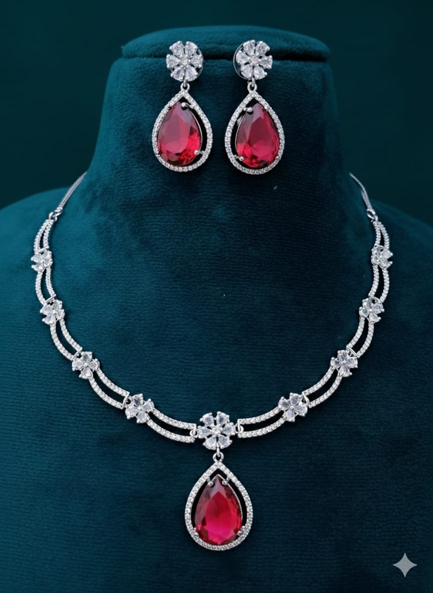 Ringing Jewels White Colour with Green Bold Stone Double Layer "AD" Necklace Set With Earrings