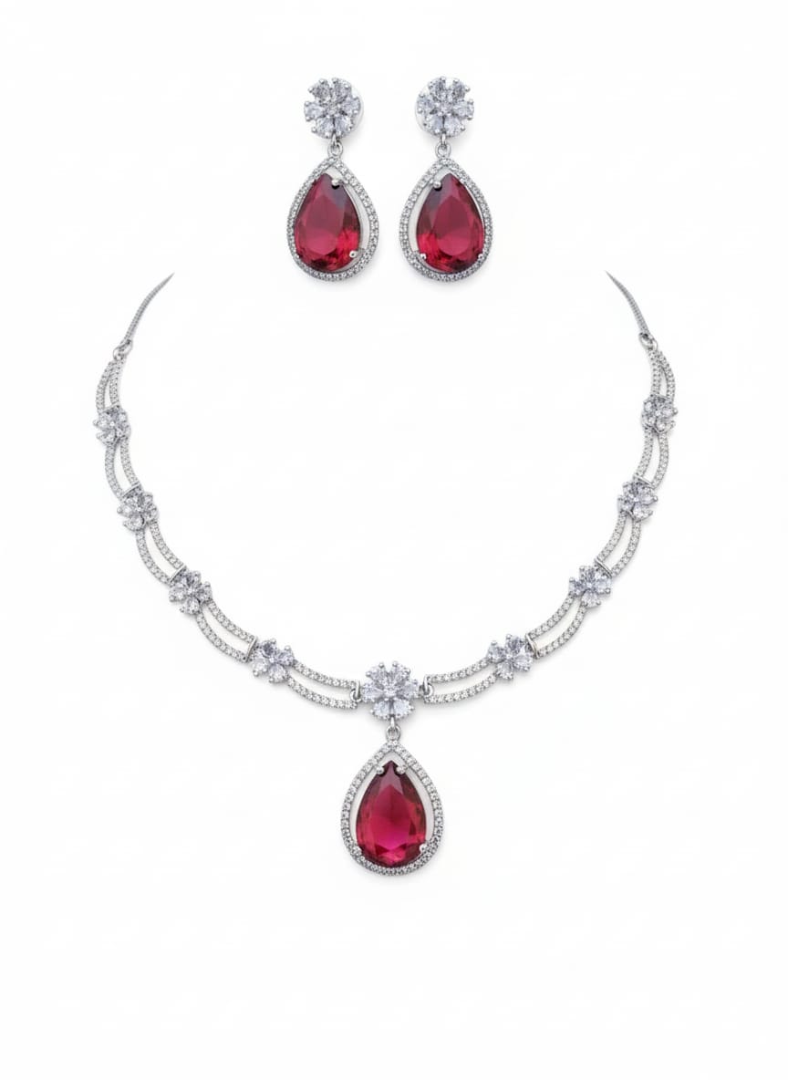 Ringing Jewels White Colour with Green Bold Stone Double Layer "AD" Necklace Set With Earrings