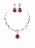 Ringing Jewels White Colour with Green Bold Stone Double Layer "AD" Necklace Set With Earrings