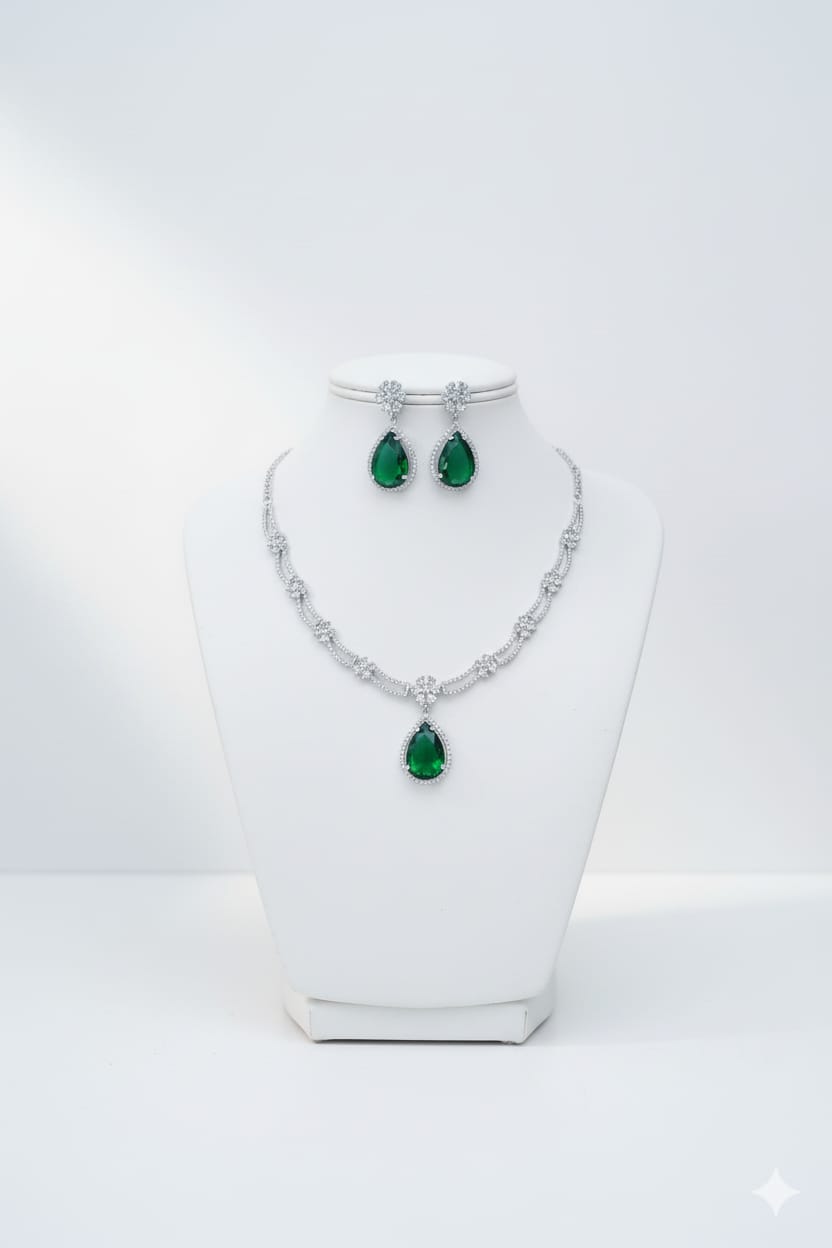 Ringing Jewels White Colour with Ruby Red Stones Double Layer "AD" Necklace Set With Earrings