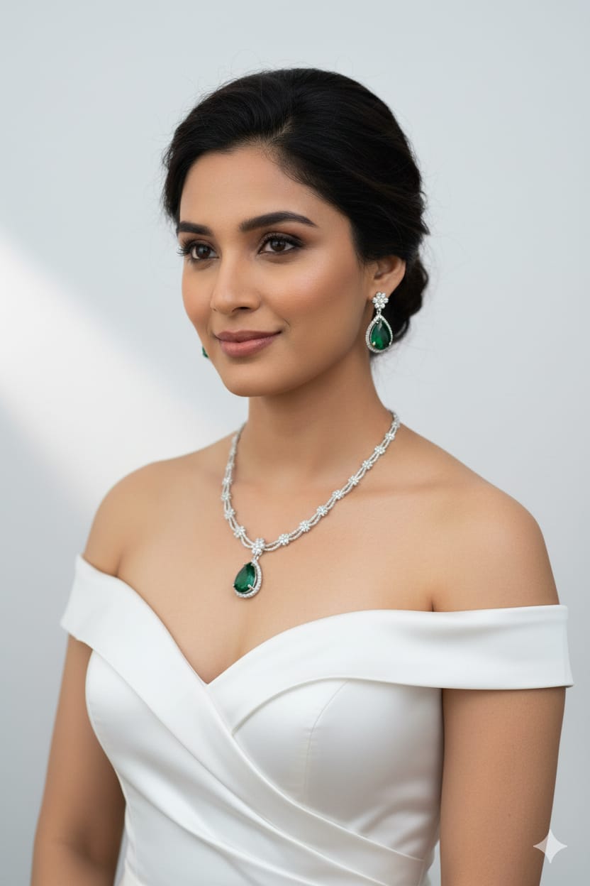 Ringing Jewels White Colour with Ruby Red Stones Double Layer "AD" Necklace Set With Earrings