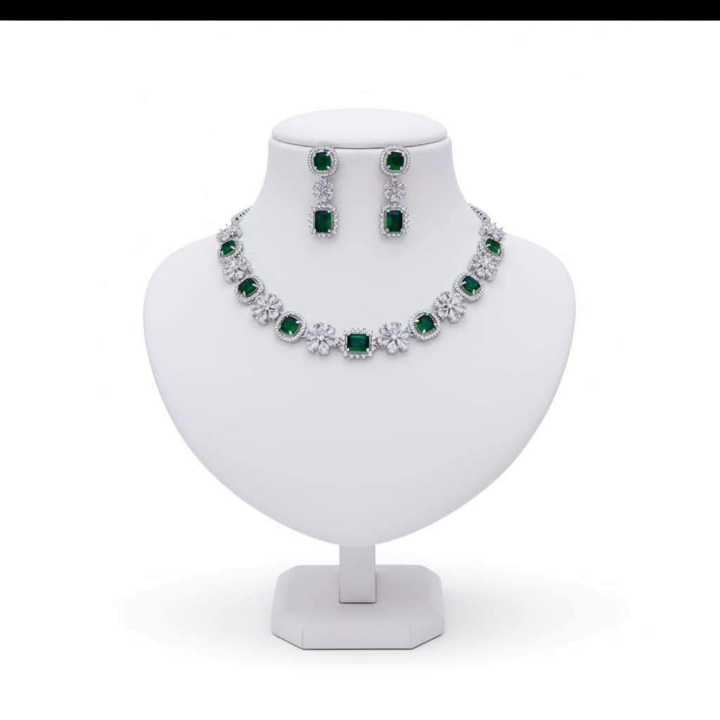 Ringing Jewels White Colour with Green Bold Stones Single Layer "AD" Necklace Set With Earrings