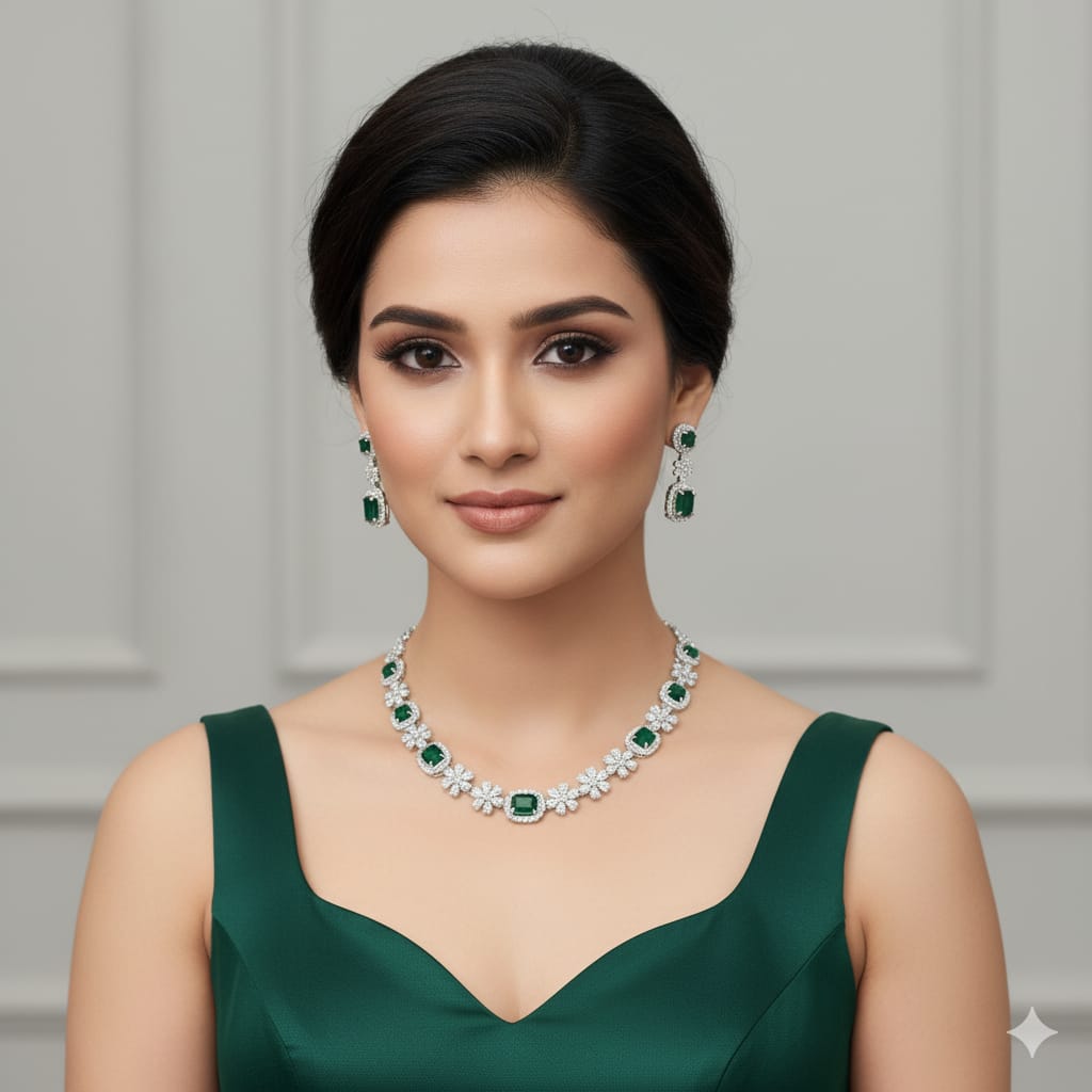 Ringing Jewels White Colour with Green Bold Stones Single Layer "AD" Necklace Set With Earrings