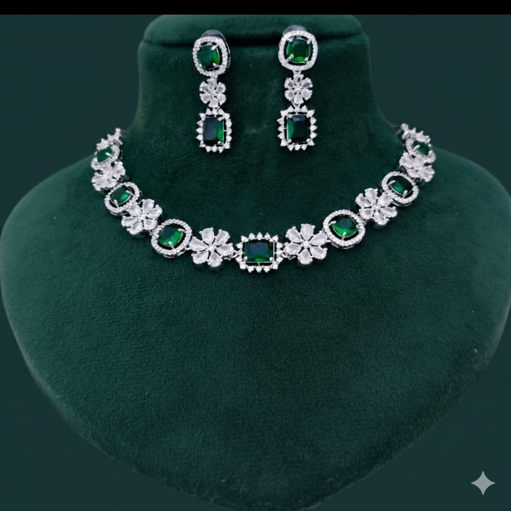 Ringing Jewels White Colour with Green Bold Stones Single Layer "AD" Necklace Set With Earrings