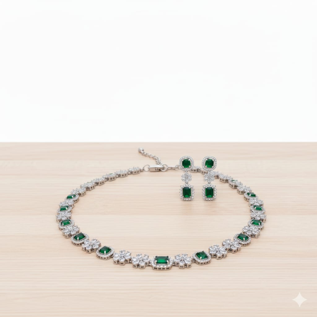 Ringing Jewels White Colour with Green Bold Stones Single Layer "AD" Necklace Set With Earrings