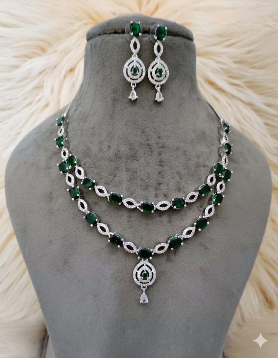 Ringing Jewels White and Green Stones Double Layer "AD" Necklace Set With Earrings - Specially For Party Wear Purpose
