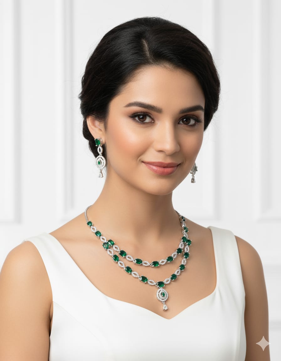 Ringing Jewels White and Green Stones Double Layer "AD" Necklace Set With Earrings - Specially For Party Wear Purpose