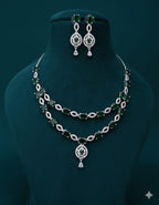 Ringing Jewels White and Green Stones Double Layer "AD" Necklace Set With Earrings - Specially For Party Wear Purpose