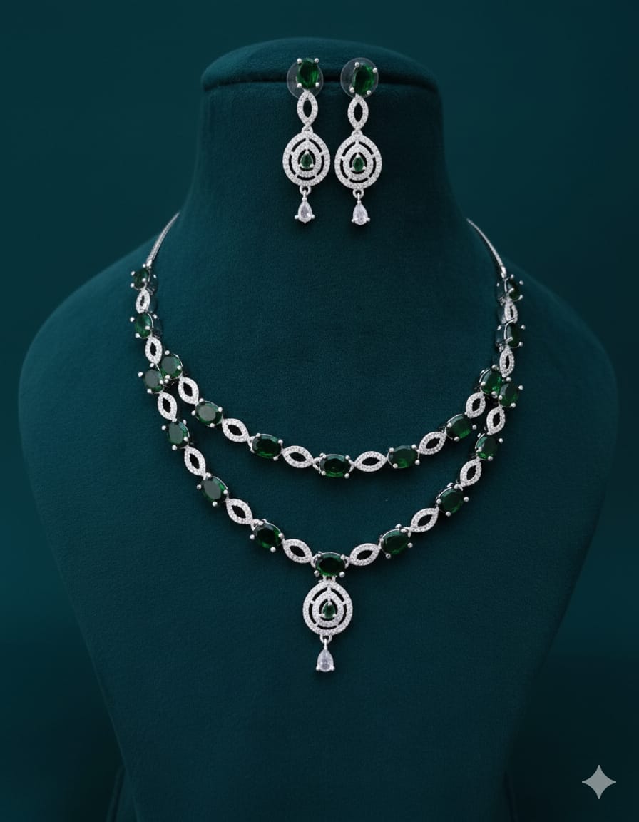 Ringing Jewels White and Green Stones Double Layer "AD" Necklace Set With Earrings - Specially For Party Wear Purpose