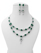 Ringing Jewels White and Green Stones Double Layer "AD" Necklace Set With Earrings - Specially For Party Wear Purpose