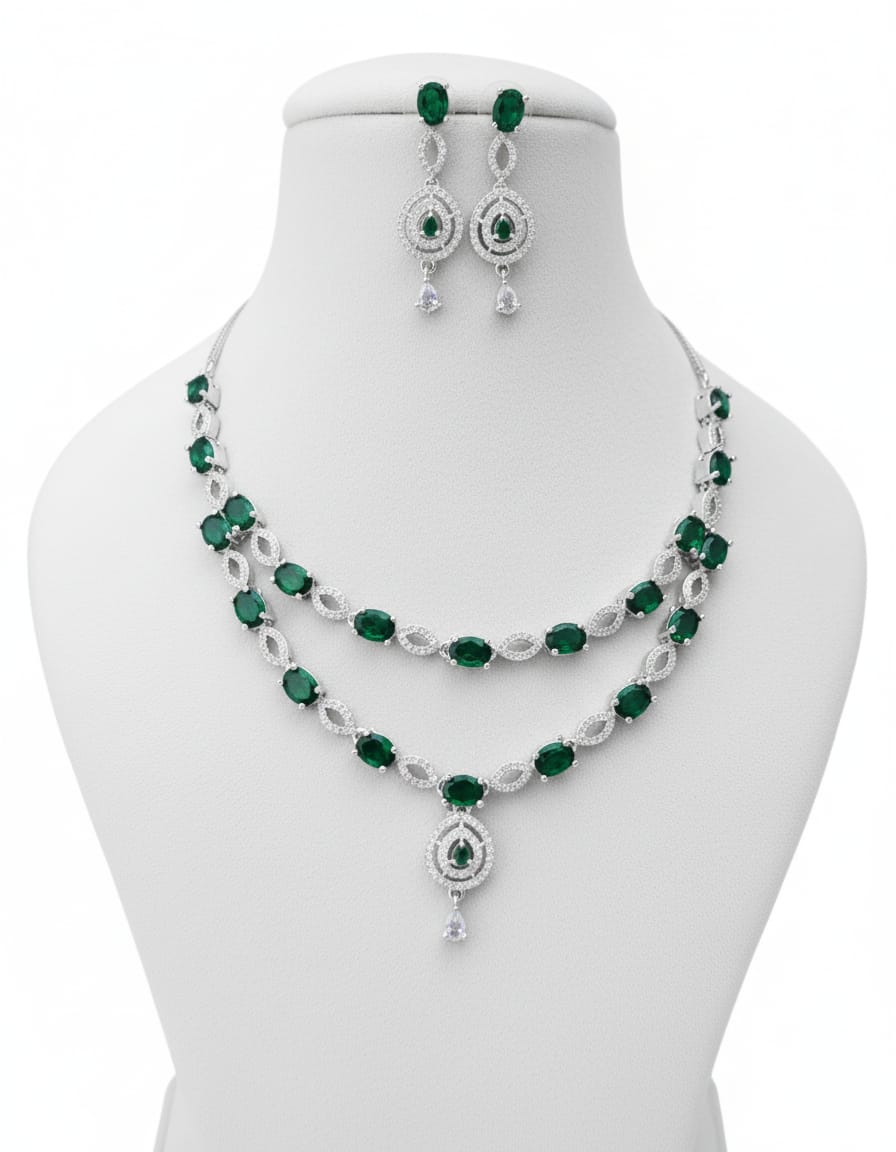 Ringing Jewels White and Green Stones Double Layer "AD" Necklace Set With Earrings - Specially For Party Wear Purpose