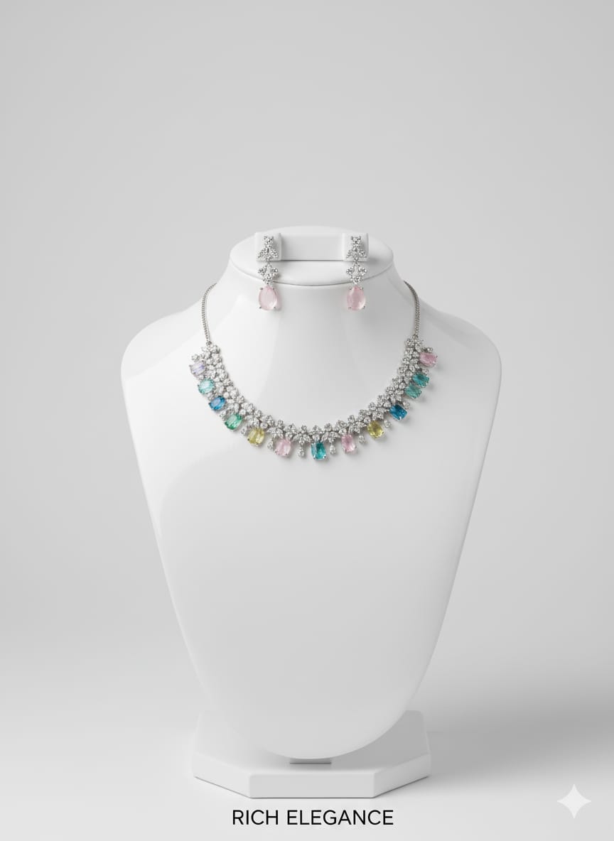 Ringing Jewels "AD" High Fashion Necklace Set For Women With Earrings - Multi Colour