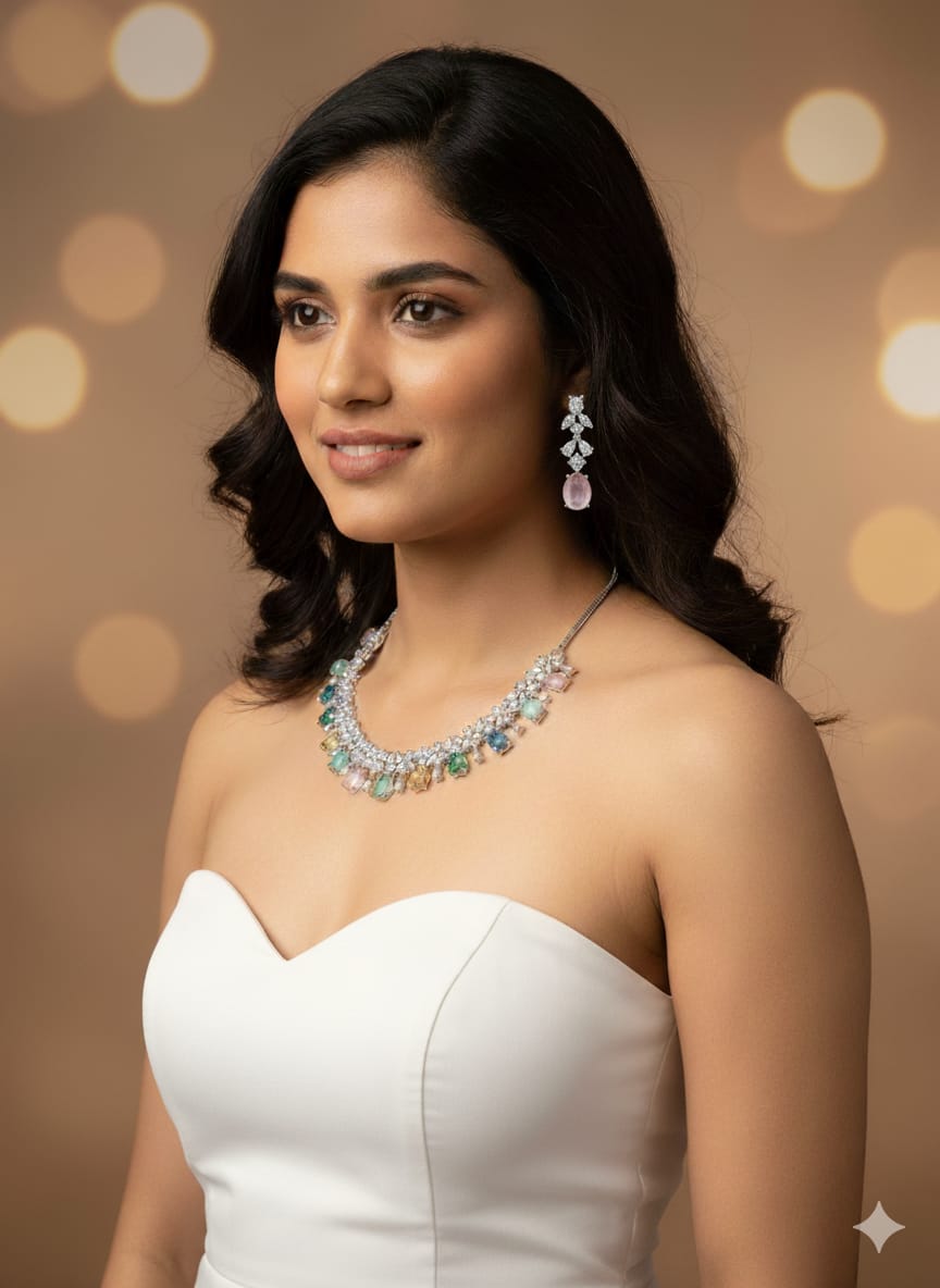 Ringing Jewels "AD" High Fashion Necklace Set For Women With Earrings - Multi Colour