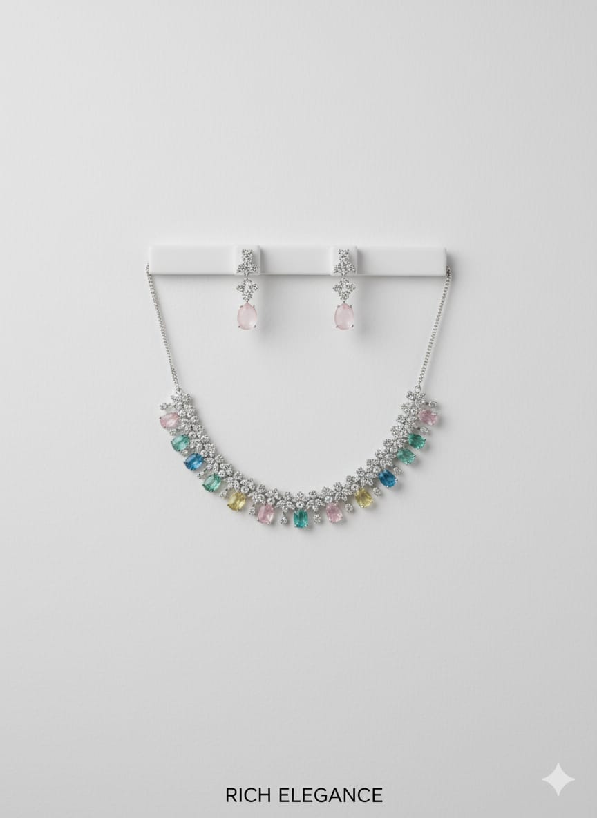 Ringing Jewels "AD" High Fashion Necklace Set For Women With Earrings - Multi Colour