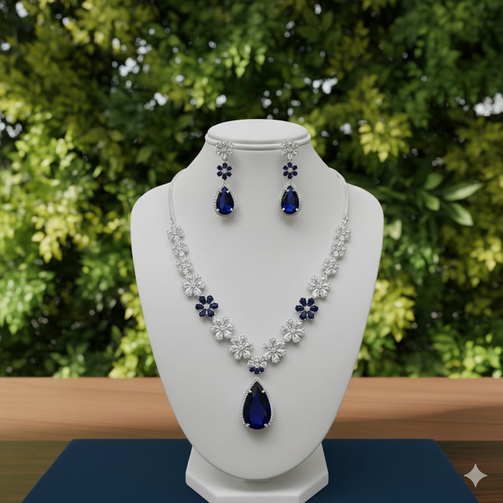 Ringing Jewels Blue Colour "AD" Necklace Set With Earrings