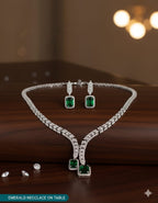 Ringing Jewels High Quality Elegant and Party Wear "AD" Necklace Set With Earrings - White with Green Colour Stones