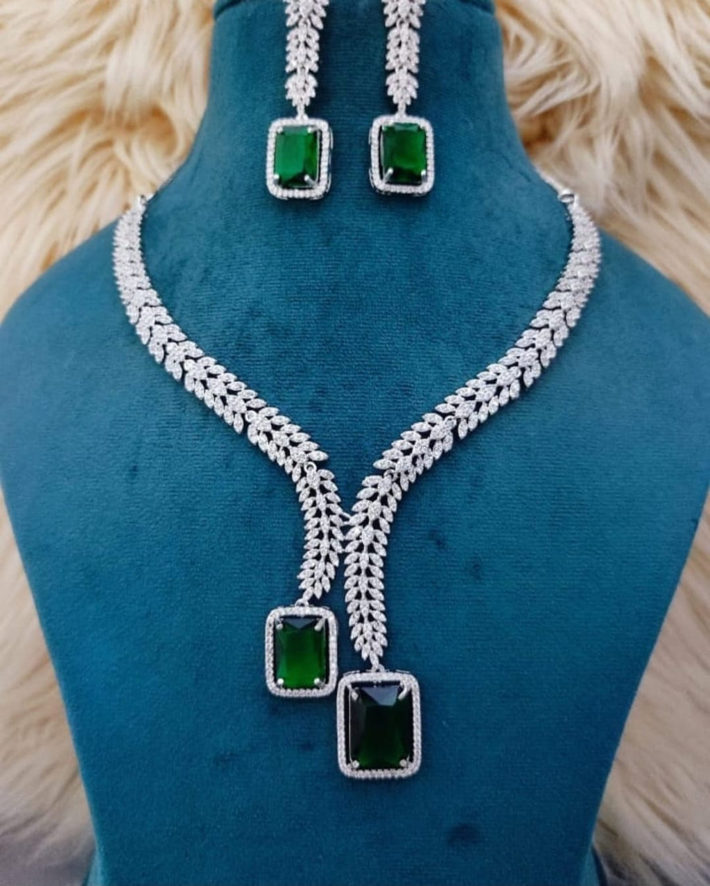 Ringing Jewels High Quality Elegant and Party Wear "AD" Necklace Set With Earrings - White with Green Colour Stones