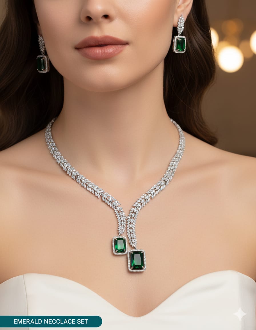 Ringing Jewels High Quality Elegant and Party Wear "AD" Necklace Set With Earrings - White with Green Colour Stones