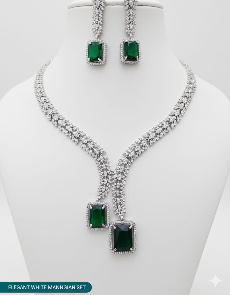 Ringing Jewels High Quality Elegant and Party Wear "AD" Necklace Set With Earrings - White with Green Colour Stones